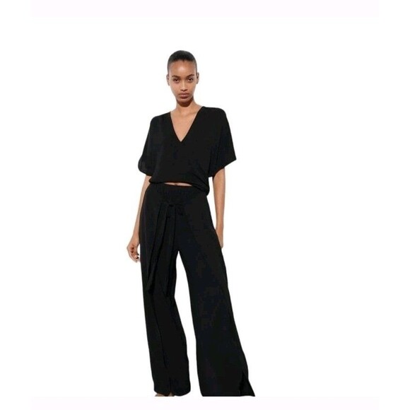Zara Pants - NWT Zara Pants Women Large Wide Leg Black High Waisted Trousers Chiffon Flowy